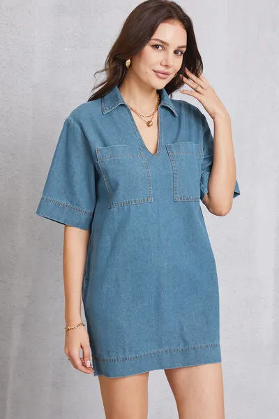 Pocketed Collared Neck Mini Denim Dress sold by Charming Charlie product image thumbnail 2