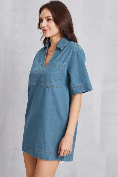 Pocketed Collared Neck Mini Denim Dress sold by Charming Charlie product image thumbnail 3