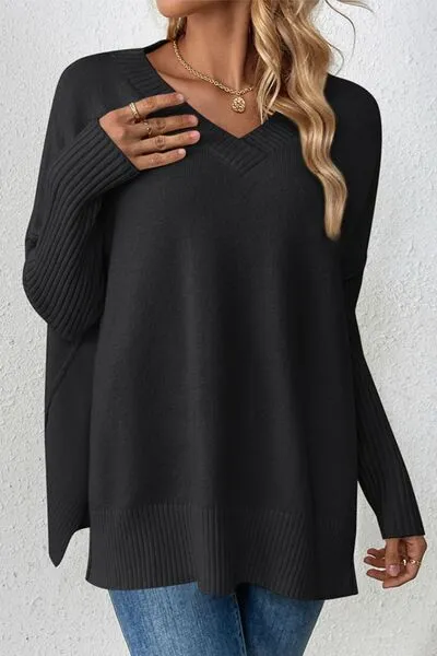 Slit V-Neck Dropped Shoulder Sweater sold by Charming Charlie