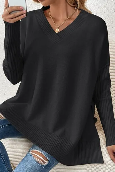 Slit V-Neck Dropped Shoulder Sweater sold by Charming Charlie product image thumbnail 3