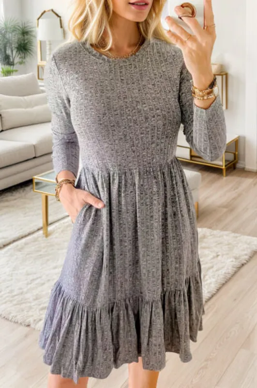 Round Neck Long Sleeve Ruffle Hem Dress sold by Charming Charlie