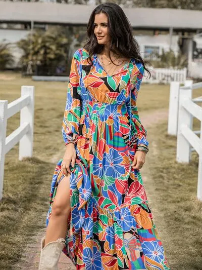 Printed Smocked Tie Neck Balloon Sleeve Maxi Dress sold by Charming Charlie product image thumbnail 5