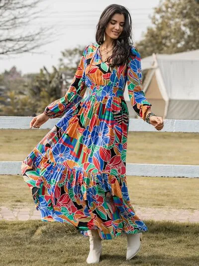 Printed Smocked Tie Neck Balloon Sleeve Maxi Dress sold by Charming Charlie product image thumbnail 3