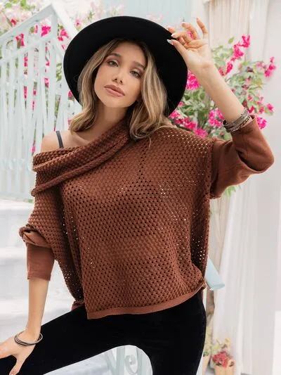 Openwork Mock Neck Dropped Shoulder Sweater sold by Charming Charlie