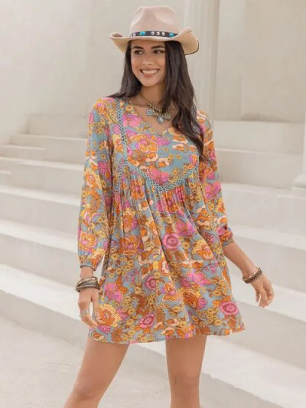 Printed V-Neck Balloon Sleeve Mini Dress sold by Charming Charlie