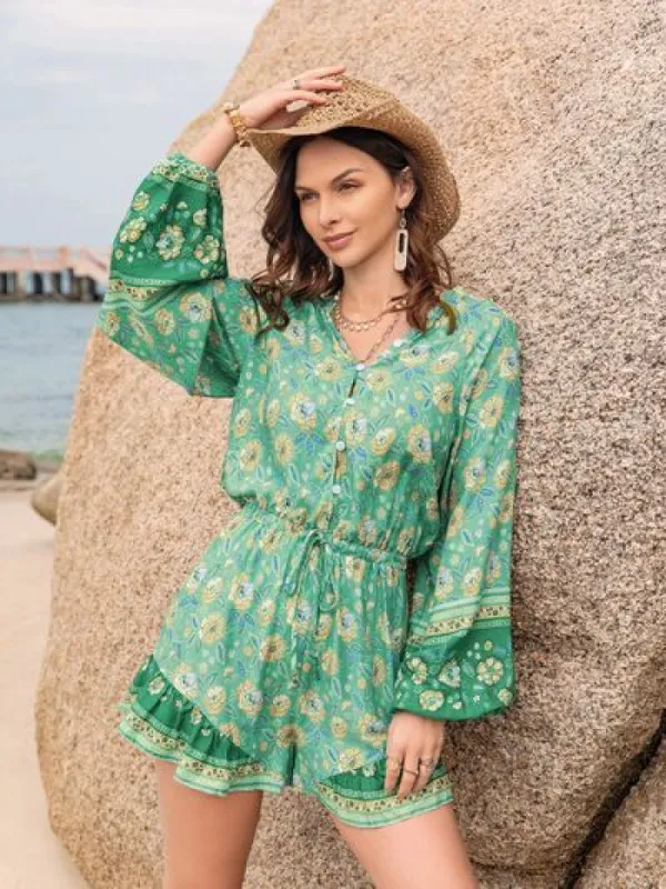 Printed Ruffled Balloon Sleeve Romper sold by Charming Charlie