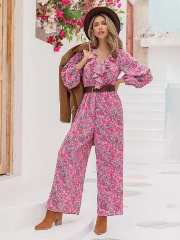 Printed Ruffled V-Neck Balloon Sleeve Jumpsuit sold by Charming Charlie