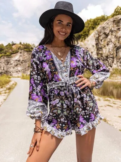Printed Frill Half Button Balloon Sleeve Romper sold by Charming Charlie product image thumbnail 4