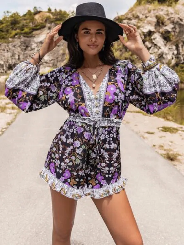 Printed Frill Half Button Balloon Sleeve Romper sold by Charming Charlie
