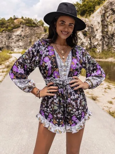 Printed Frill Half Button Balloon Sleeve Romper sold by Charming Charlie product image thumbnail 5