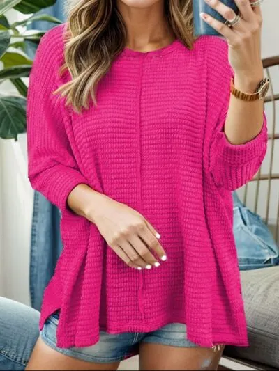 Round Neck Waffle Knit Slit Sweater sold by Charming Charlie