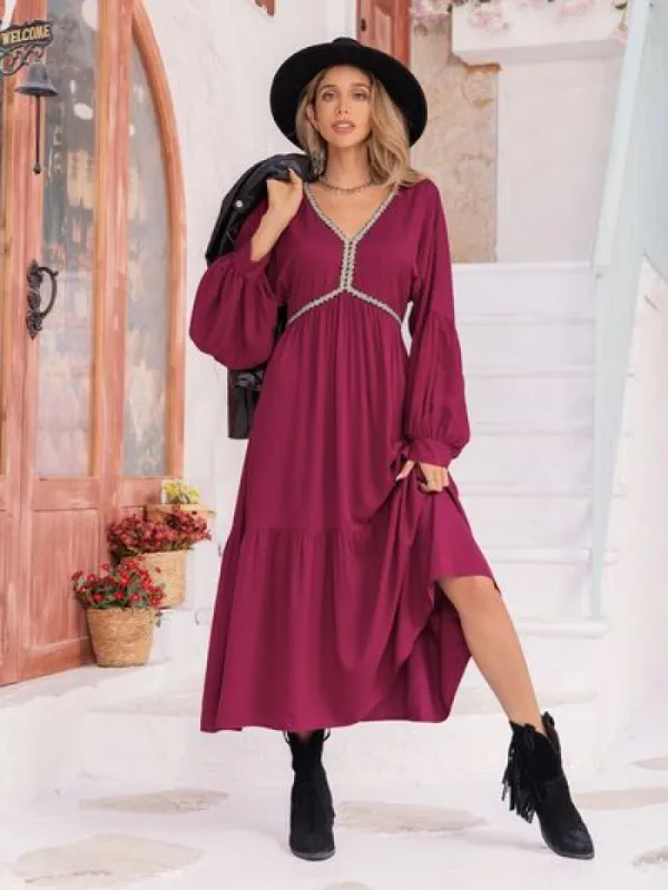 V-Neck Lantern Sleeve Ruffle Hem Dress sold by Charming Charlie