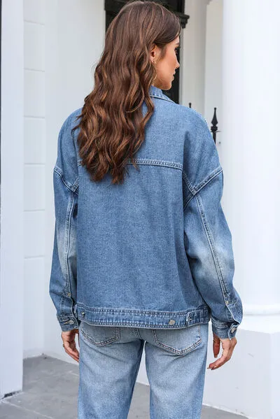 Button Up Dropped Shoulder Denim Jacket with Pockets sold by Charming Charlie product image thumbnail 4
