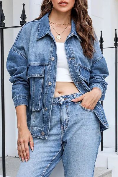 Button Up Dropped Shoulder Denim Jacket with Pockets sold by Charming Charlie