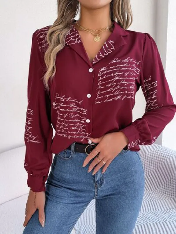 Letter Printed Button Up Long Sleeve Blouse sold by Charming Charlie