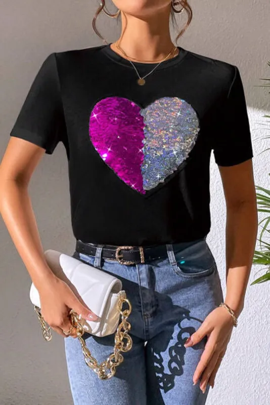 Heart Sequin Round Neck Short Sleeve T-Shirt sold by Charming Charlie