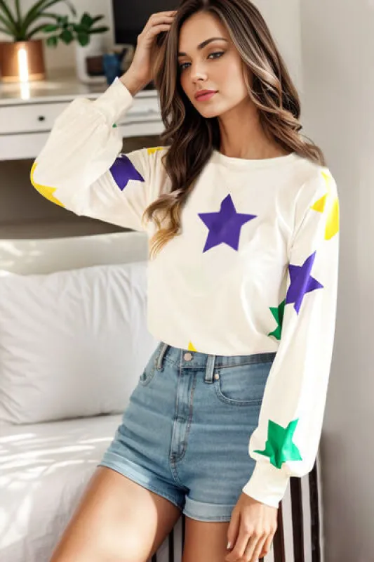 Star Print Round Neck Lantern Sleeve T-Shirt sold by Charming Charlie