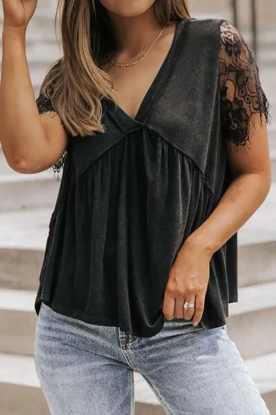 Lace Detail V-Neck Short Sleeve T-Shirt sold by Charming Charlie product image thumbnail 4