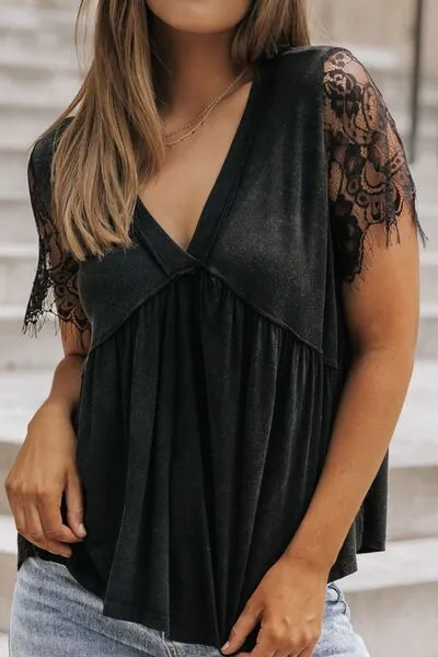 Lace Detail V-Neck Short Sleeve T-Shirt sold by Charming Charlie