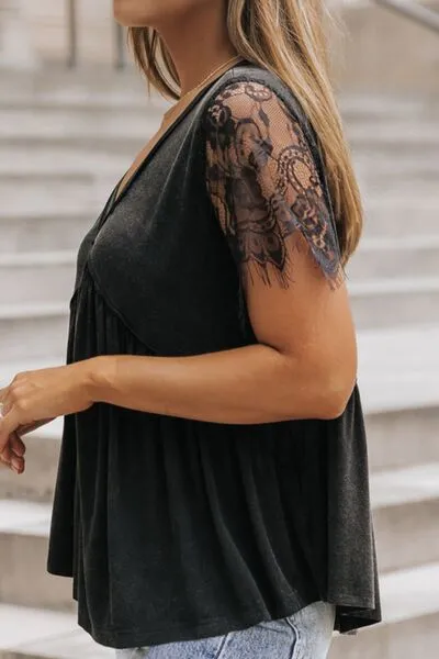 Lace Detail V-Neck Short Sleeve T-Shirt sold by Charming Charlie product image thumbnail 3