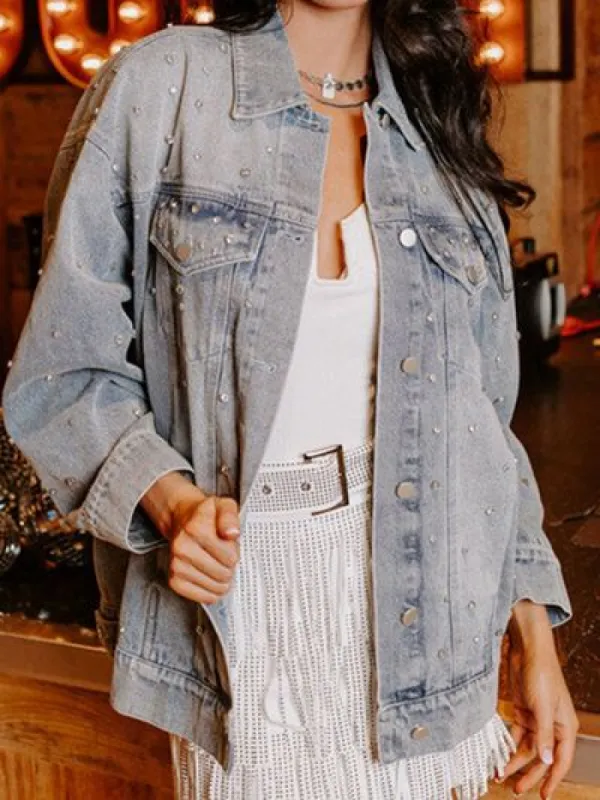 Rhinestone Detail Button Up Denim Jacket sold by Charming Charlie
