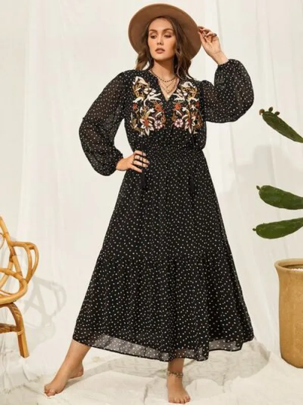 Plus Size Embroidered Tassel Balloon Sleeve Dress sold by Charming Charlie