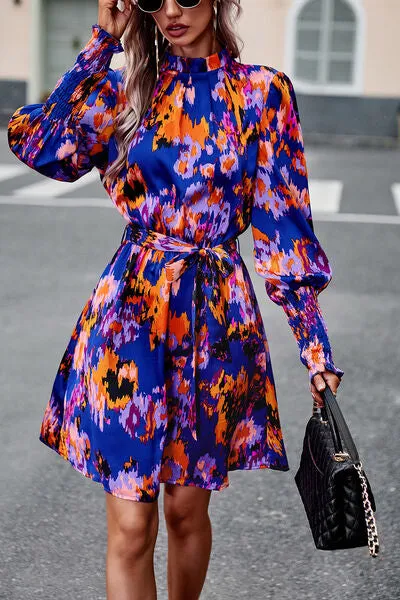 Printed Tie Waist Mock Neck Lantern Sleeve Dress sold by Charming Charlie product image thumbnail 3