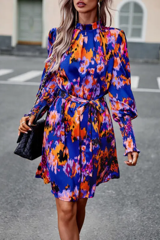 Printed Tie Waist Mock Neck Lantern Sleeve Dress sold by Charming Charlie