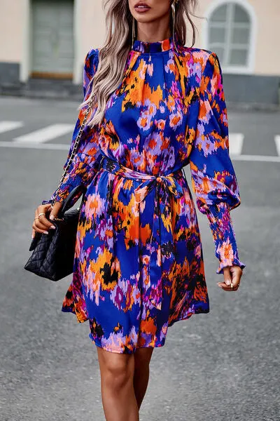 Printed Tie Waist Mock Neck Lantern Sleeve Dress sold by Charming Charlie