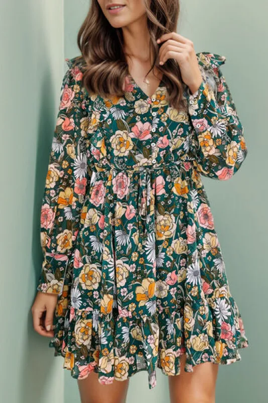 Printed Ruffled V-Neck Mini Dress sold by Charming Charlie