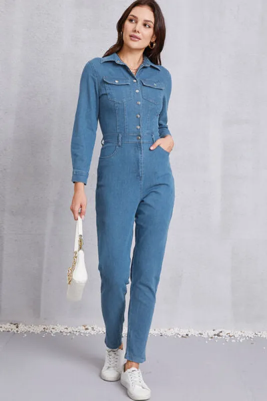 Snap Down Denim Jumpsuit with Pockets sold by Charming Charlie
