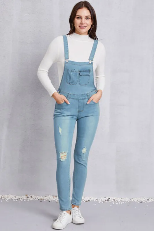 Distressed Washed Denim Overalls with Pockets sold by Charming Charlie