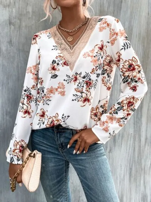 Printed V-Neck Long Sleeve Blouse sold by Charming Charlie