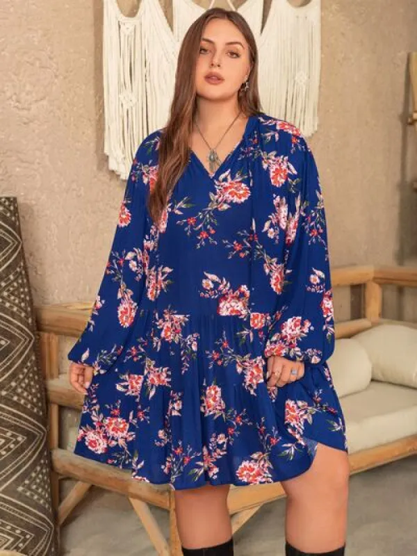 Plus Size Printed Tie Neck Balloon Sleeve Mini Dress sold by Charming Charlie