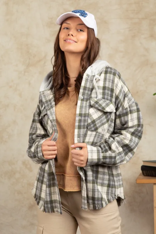 Stay In The Lead Olive Plaid Frayed Hoodie Jacket sold by Charming Charlie