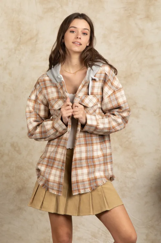 Stay In The Lead Camel Plaid Frayed Hoodie Jacket sold by Charming Charlie