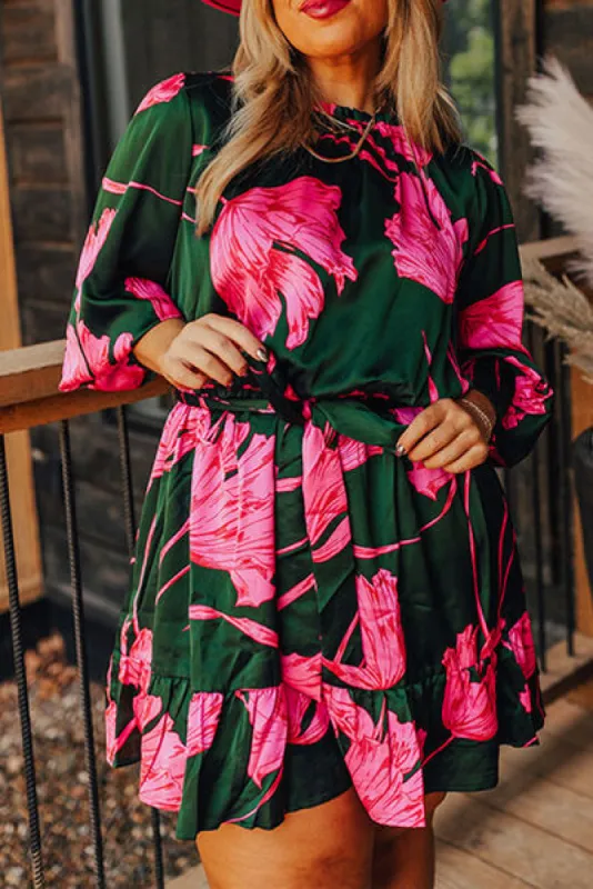 Plus Size Printed Lantern Sleeve Ruffle Hem Dress sold by Charming Charlie