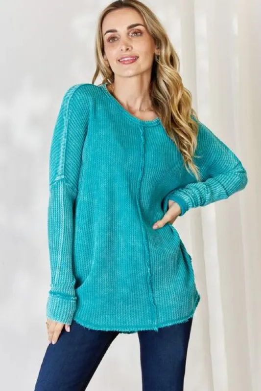 Zenana Oversized Washed Waffle Long Sleeve Top sold by Charming Charlie