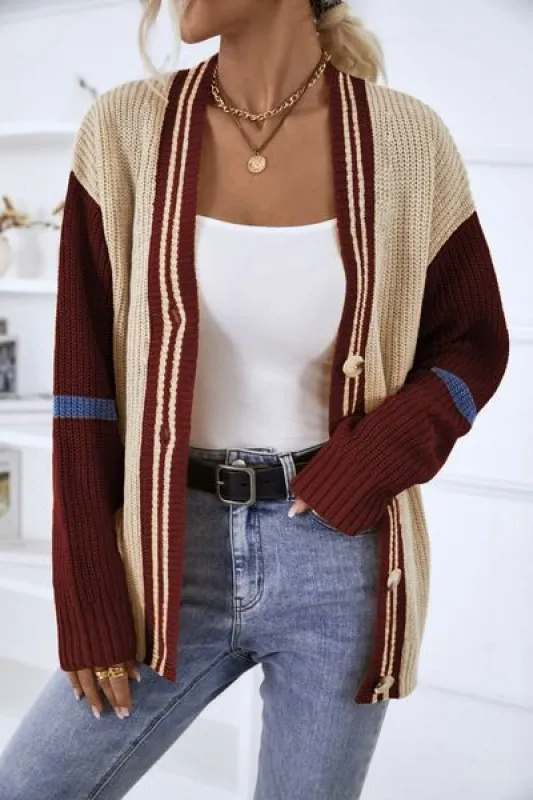 Contrast Button Up Dropped Shoulder Cardigan sold by Charming Charlie
