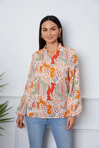 Floral Frill Notched Long Sleeve Blouse sold by Charming Charlie