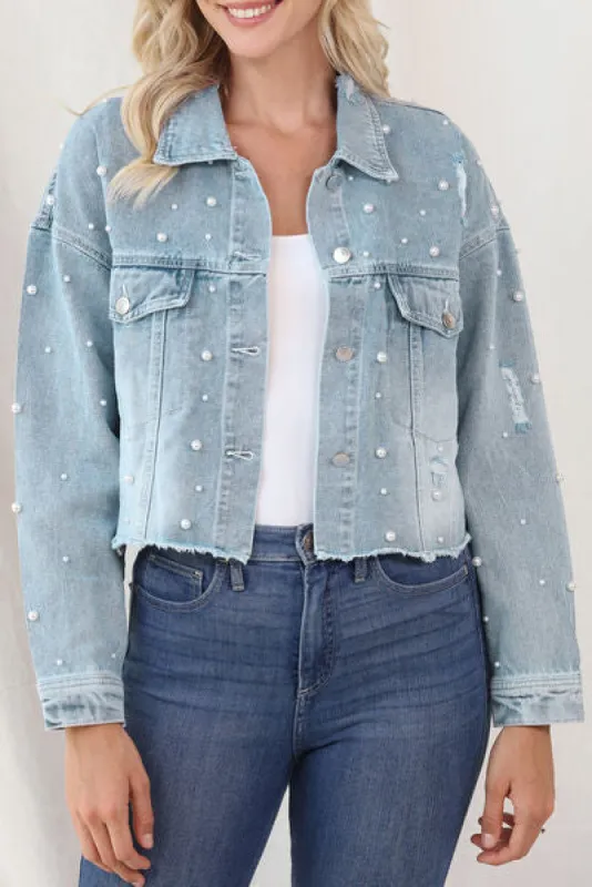 Distressed Pearl Trim Button Up Denim Jacket sold by Charming Charlie