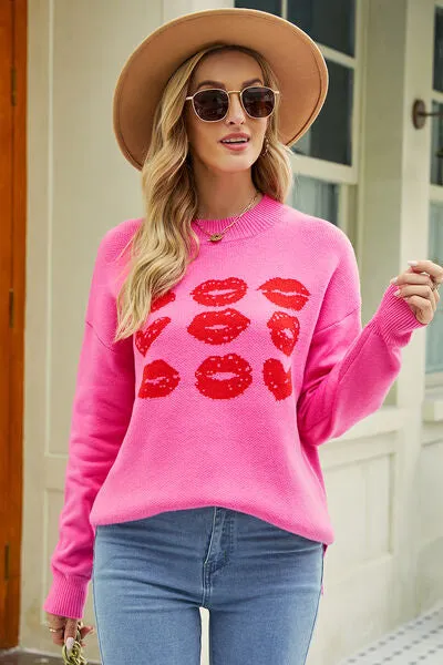 Contrast Lip Pattern Round Neck Slit Sweater sold by Charming Charlie