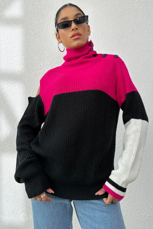 Contrast Buttoned Cutout Long Sleeve Sweater sold by Charming Charlie