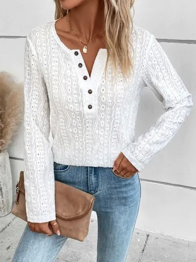 Openwork Half Button Long Sleeve Blouse sold by Charming Charlie product image thumbnail 4