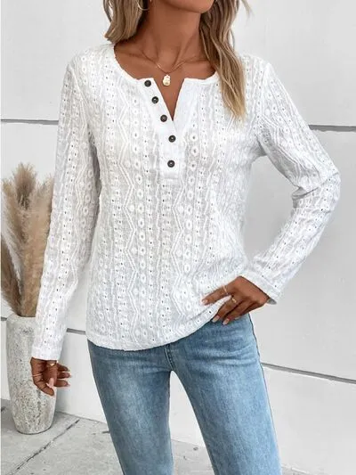 Openwork Half Button Long Sleeve Blouse sold by Charming Charlie product image thumbnail 5