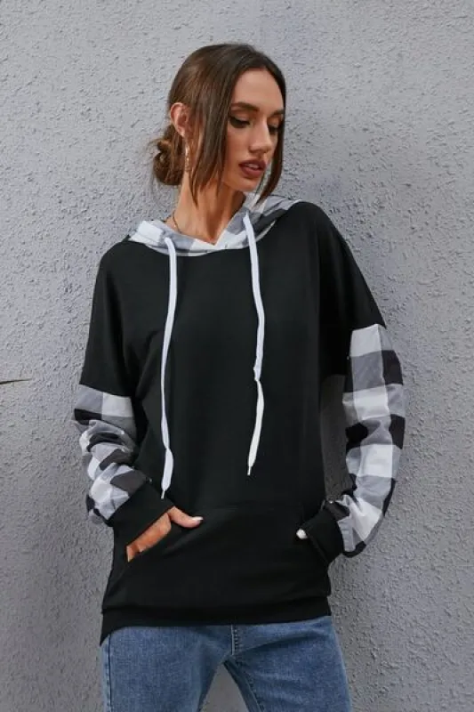 Plaid Drawstring Dropped Shoulder Hoodie sold by Charming Charlie