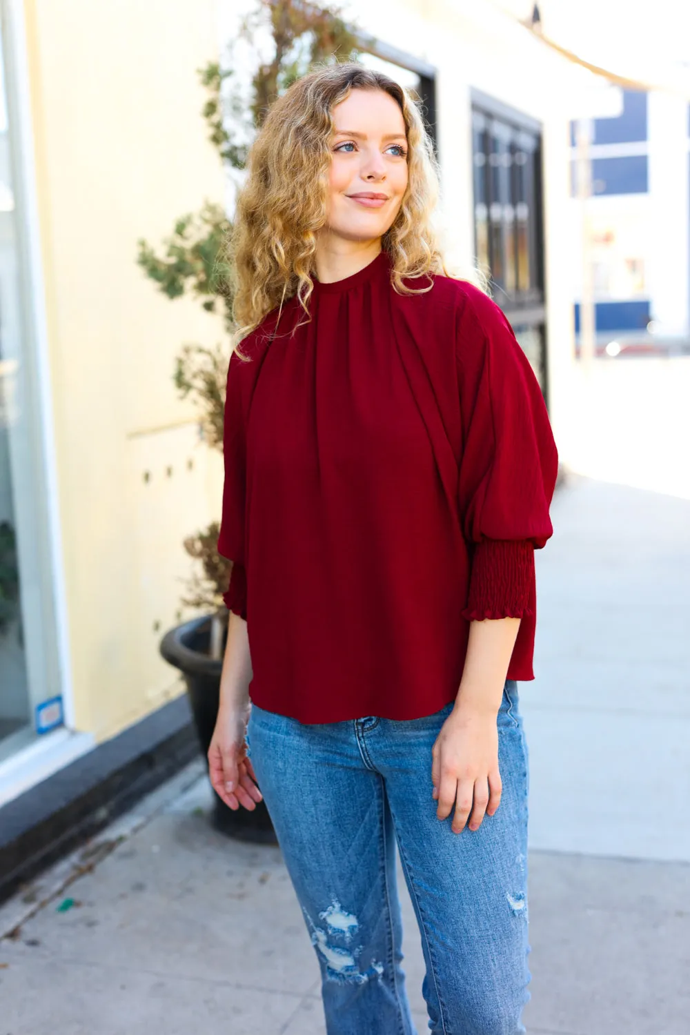 Bold Dreams Wine Smocked Three Quarter Sleeve Tie Back Top sold by Charming Charlie product image thumbnail 5