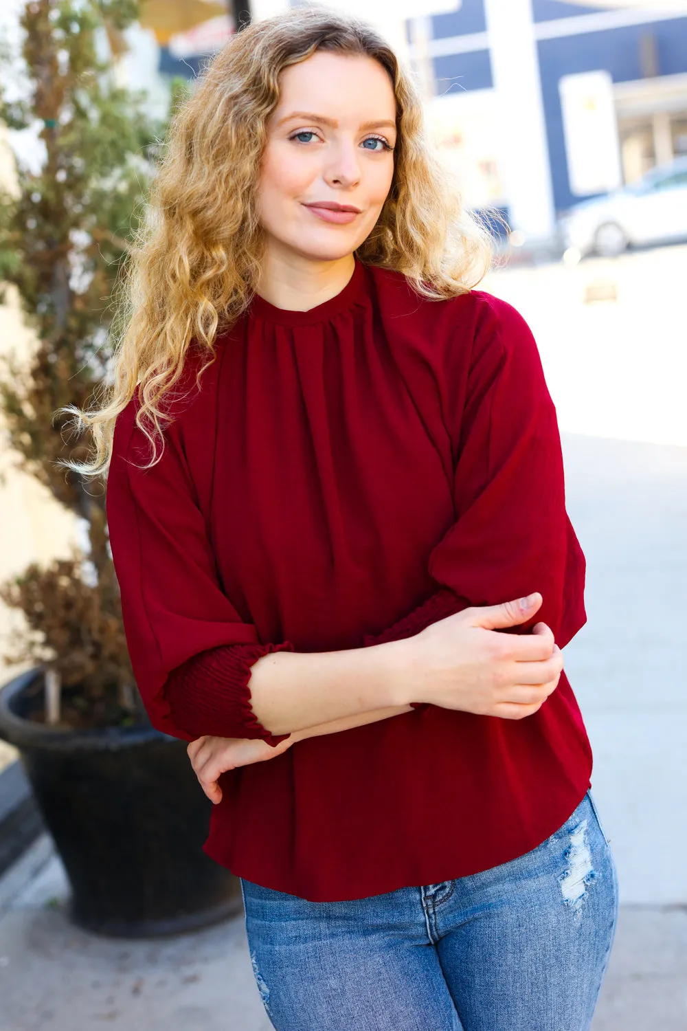 Bold Dreams Wine Smocked Three Quarter Sleeve Tie Back Top sold by Charming Charlie product image thumbnail 4