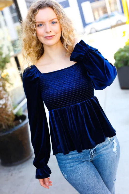 Shine Your Light Navy Crushed Velvet Smocked Ruffle Top sold by Charming Charlie