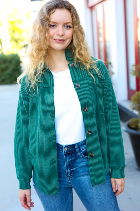 Pine Green Ribbed Button Down Shacket sold by Charming Charlie